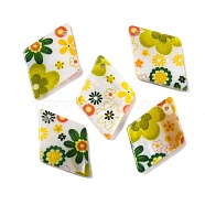 Natural Freshwater Shell Pendants, Flower Printed Rhombus Charms, Yellow, 21x14x2mm, Hole: 1.2mm(BSHE-S304-19F)