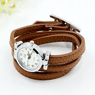 Fashionable PU Leather Wrap Watch Bracelets, with Alloy Watch Face and Alloy Findings, Platinum Metal Color, Saddle Brown, 620x8mm, Watch Head: 33x29x9mm(X-WACH-J007-08)