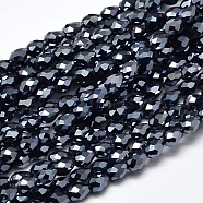 Faceted Teardrop Full Plated Electroplate Glass Beads Strands, Hematite Plated, 5x3mm, Hole: 1mm, about 100pcs/strand, 17.7 inch~19.6 inch(EGLA-J132-FP01)