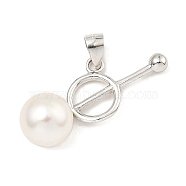 Rhodium Plated 925 Sterling Silver Pendants, with Natural Pearl Beads, Ring Charms, with S925 Stamp, Real Platinum Plated, 19.5x24x8.5mm, Hole: 5x3.5mm(STER-Z003-07P)