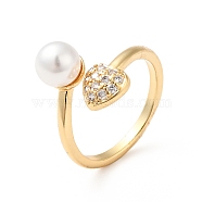 Clear Cubic Zirconia Heart Open Cuff Ring with Acrylic Pearl, Rack Plating Brass Jewelry for Women, Cadmium Free & Lead Free, Real 18K Gold Plated, US Size 8 1/2(18.5mm)(KK-E060-21G)