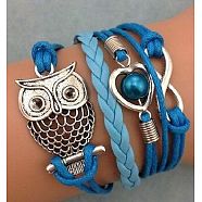 Suede & Imitation Leather Cord Knitted Multi-strand Bracelets, Alloy Link Adjustable Bracelets, Owl, 7-1/8 inch(18cm)(WGD6FE3-14)