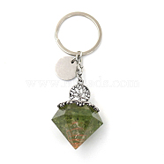 Reiki Energy Natural Peridot Chips in Resin Diamond Shape Pendant Keychain, with Tree of Life Charm, 9cm(FIND-PW0017-11B)