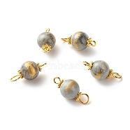 Natural Mashan Jade Connector Charms, with Golden Plated Alloy and Brass Findings, Dyed, Round, Gray, 18x8.5mm, Hole: 1.6~2.7mm(PALLOY-JF01232-04)