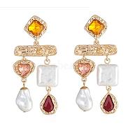 Imitating Pearl & Glass Heart & Teardrop Chandelier Earrings, Golden Alloy Jewelry, Gold, 65x28mm, Pin: 0.65mm(JE1114B)