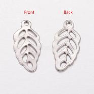 304 Stainless Steel Pendants, Leaf Charms, Stainless Steel Color, 13x6x0.5mm, Hole: 1mm(STAS-G029-16)