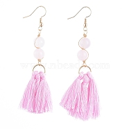 Dangle Earrings, with Cotton Thread Tassels, with Natural Rose Quartz Gemstone Beads and Brass Earring Hooks, Golden, Pearl Pink, 84mm, Pin: 0.6mm(EJEW-JE04103-01)
