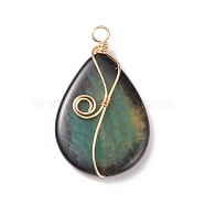 Natural Crackle Agate Pendants, Golden Tone Copper Wire Wrapped Teardrop Charms, Green, 48x27x6.5mm, Hole: 4.5mm(PALLOY-JF01867-03)