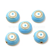 Enamel Charms, with Rack Plating Brass Micro Pave Clear Cubic Zirconia Findings, Cadmium Free & Lead Free & Nickle Free, Real 18K Gold Plated, Half Round with Evil Eye, Sky Blue, 14x5.5mm, Hole: 2mm(KK-M230-31G)