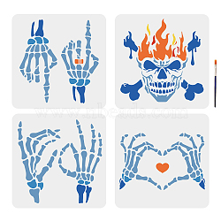 US 1 Set PET Hollow Out Drawing Painting Stencils, with 1Pc Art Paint Brushes and 1 Sheet Craft Cardboard Paper, Skeleton Hand Pattern, 300x300mm, 4pcs/set(DIY-MA0001-28A)