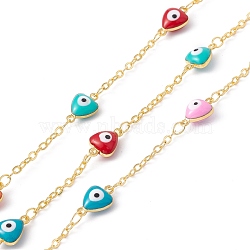 Handmade Eco-friendly Brass Enamel Heart with Evil Eye Link Chain, Real 18K Gold Plated, Lead Free & Cadmium Free, Soldered, with Spool, Colorful, 11x7x4mm, 2.5x2x0.5(CHC-E025-44G)