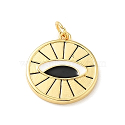 Rack Plating Brass Enamel Pendants, with Jump Ring, Flat Round with Eye Pattern, Cadmium Free & Nickel Free & Lead Free, Real 18K Gold Plated, 19x17x2mm, Jump Ring: 5x0.8mm,  Hole: 3.4mm(KK-C242-04G)