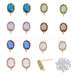 28Pcs 7 Color Brass Stud Earring Findings, with Glass and Vertical Loops, with 50Pcs Plastic Ear Nuts, Oval, Light Gold, Long-Lasting Plated, Mixed Color, 11.5x7.5mm, Hole: 1mm, Pin: 0.7mm, 4Pcs/color(KK-FH0005-62)