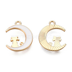 Alloy Enamel Kitten Pendants, Light Gold, Crescent Moon with Cat Shape, White, 20.5x16x2mm, Hole: 1.8mm(FIND-N048-028C)