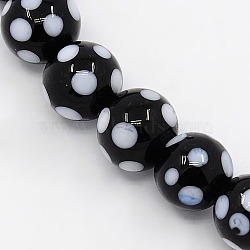 Handmade Lampwork Round Beads Strands, polka-dotted, Black, 10mm, Hole: 1mm, about 30pcs/strand, 11.02 inch(X-LAMP-L007-10mm-01)