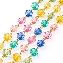 Handmade Transparent Acrylic Beaded Chains, with Iron Finding, Unwelded, Faceted, Polygon, Colorful, 15x10x10mm, about 16.4 Feet(5m)/Strand(AJEW-J034-04)