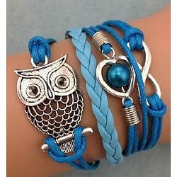 Suede & Imitation Leather Cord Knitted Multi-strand Bracelets, Alloy Link Adjustable Bracelets, Owl, 7-1/8 inch(18cm)(WGD6FE3-14)