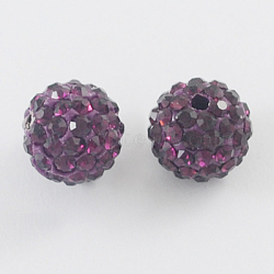 Pave Disco Ball Beads, Polymer Clay Rhinestone Beads, Round, Amethyst, 10mm, Hole: 1.5mm(X-RB-A130-10mm-12)