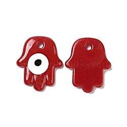 Handmade Lampwork Pendants, Hamsa Hand/Hand of Miriam with Evil Eye, Red, 34.5~35x28.5~29x4.5~5mm, Hole: 3.5mm(LAMP-E027-01E)