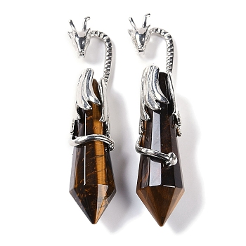 Natural Tiger Eye Faceted Pointed Bullet Big Pendants, Rack Plating Brass Dragon Charms, Lead Free & Cadmium Free, Platinum, 73.5~78.5x15.5~16.5x15.5~16.5mm, Hole: 4x2.5mm