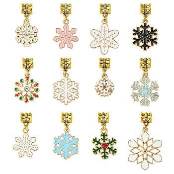 Christmas Alloy Enamel European Dangle Charms, Snowflake Charms, Mixed Color, 25~38mm, 12pcs/set