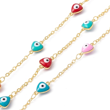 Handmade Eco-friendly Brass Enamel Heart with Evil Eye Link Chain, Real 18K Gold Plated, Lead Free & Cadmium Free, Soldered, with Spool, Colorful, 11x7x4mm, 2.5x2x0.5