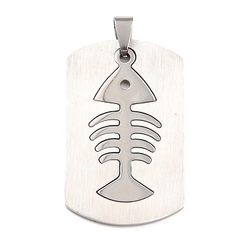 Titanium Steel Pendants, Split Dog Tag Pendant, Rectangle with Fish Bone, Stainless Steel Color & Silver Color Plated, 51x27x1.5mm, Hole: 6x4mm