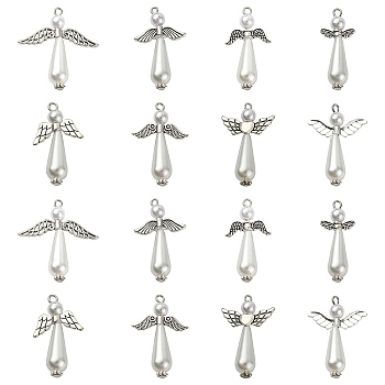 40Pcs 8 Styles Acrylic Imitation Pearl & Alloy Charms, with Antique Silver Loops, Angel Charms, White, 33~35x9~32x8mm, Hole: 1.5~2.5mm, 5pcs/style
