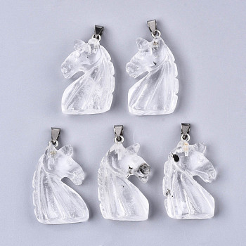 Carved Natural Quartz Crystal Pendants, Rock Crystal Pendants, with Stainless Steel Bails, Unicorn, Stainless Steel Color, 38~41x11~14x24~25mm, Hole: 9x4mm