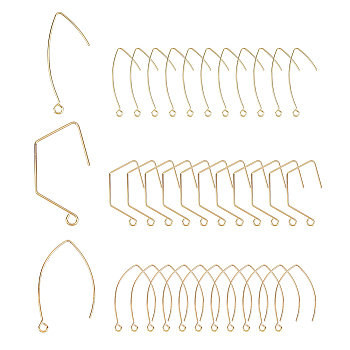 36Pcs 3 Style Brass Earring Hooks, with Horizontal Loops, Real 18K Gold Plated, 32.5~39.5x15~24x0.8mm, Hole: 1.8~2mm, 20 Gauge, Pin: 0.8mm, 12Pcs/style