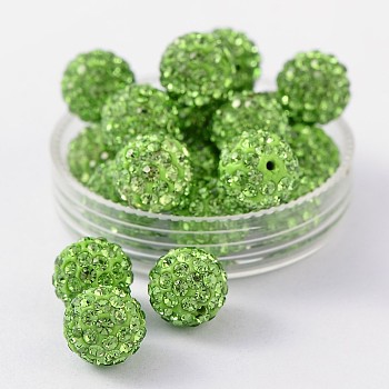 Pave Disco Ball Beads, Polymer Clay Rhinestone Beads, Grade A, Round, Peridot, PP14(2~2.1mm), 10mm, Hole: 1.0~1.2mm