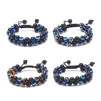 4Pcs 4 Style Natural Eyeless Obsidian & Mixed Gemstone & Resin Evil Eye Braided Bead Bracelets Set, Double Layer Lucky Adjustable Bracelets for Men Women, Inner Diameter: 2-1/4~3 inch(5.6~7.5cm), 1Pc/style