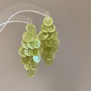 Shell Dangle Stud Earrings, Flat Round, with Sterling Silver Pins, Yellow Green, 86x40mm