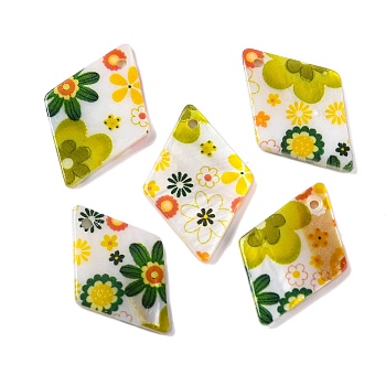 Natural Freshwater Shell Pendants, Flower Printed Rhombus Charms, Yellow, 21x14x2mm, Hole: 1.2mm