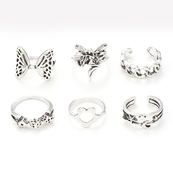 Tibetan Style Alloy Stackable Rings Set, Gothic Jewelry for Women, Antique Silver, Inner Diameter: 16~17.3mm, 6Pcs/set
