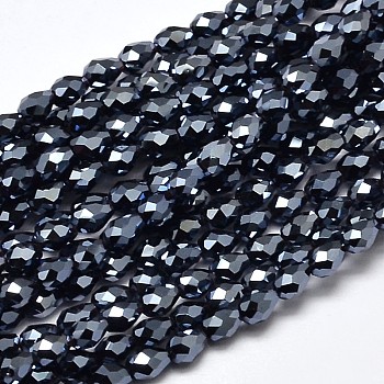 Faceted Teardrop Full Plated Electroplate Glass Beads Strands, Hematite Plated, 5x3mm, Hole: 1mm, about 100pcs/strand, 17.7 inch~19.6 inch