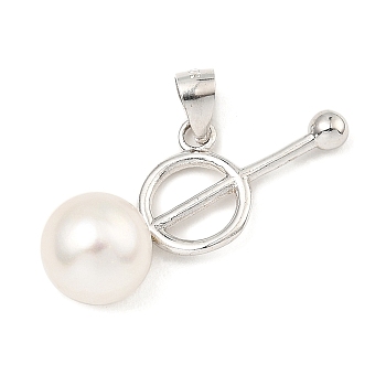Rhodium Plated 925 Sterling Silver Pendants, with Natural Pearl Beads, Ring Charms, with S925 Stamp, Real Platinum Plated, 19.5x24x8.5mm, Hole: 5x3.5mm