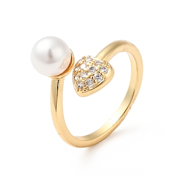 Clear Cubic Zirconia Heart Open Cuff Ring with Acrylic Pearl, Rack Plating Brass Jewelry for Women, Cadmium Free & Lead Free, Real 18K Gold Plated, US Size 8 1/2(18.5mm)