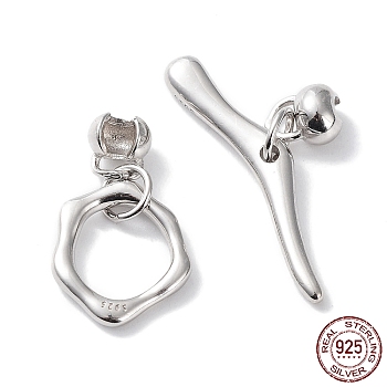 Rhodium Plated 925 Sterling Steel Toggle Clasps, Flower, with 925 Stamp, Real Platinum Plated, Flower: 12.5x11x1.5mm, Bar: 4x24x2.5mm, Inner Diameter: 2mm
