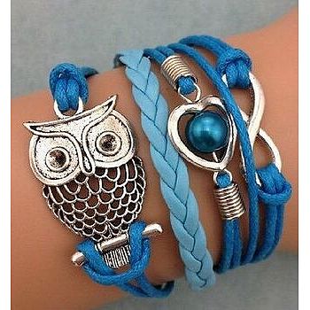 Suede & Imitation Leather Cord Knitted Multi-strand Bracelets, Alloy Link Adjustable Bracelets, Owl, 7-1/8 inch(18cm)