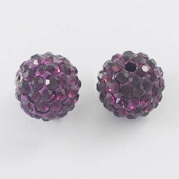 Pave Disco Ball Beads, Polymer Clay Rhinestone Beads, Round, Amethyst, 10mm, Hole: 1.5mm