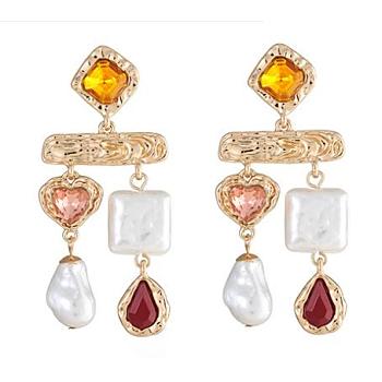 Imitating Pearl & Glass Heart & Teardrop Chandelier Earrings, Golden Alloy Jewelry, Gold, 65x28mm, Pin: 0.65mm