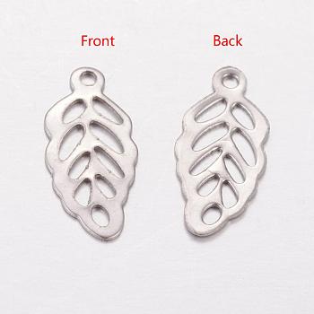 304 Stainless Steel Pendants, Leaf Charms, Stainless Steel Color, 13x6x0.5mm, Hole: 1mm