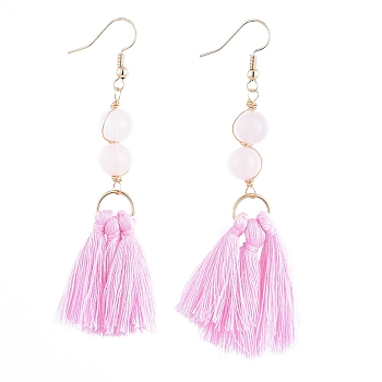Dangle Earrings, with Cotton Thread Tassels, with Natural Rose Quartz Gemstone Beads and Brass Earring Hooks, Golden, Pearl Pink, 84mm, Pin: 0.6mm