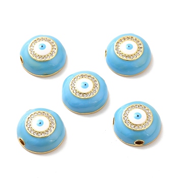 Enamel Charms, with Rack Plating Brass Micro Pave Clear Cubic Zirconia Findings, Cadmium Free & Lead Free & Nickle Free, Real 18K Gold Plated, Half Round with Evil Eye, Sky Blue, 14x5.5mm, Hole: 2mm