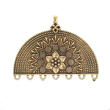 Tibetan Style Alloy Chandelier Component Links, Half Round with Flower, Antique Golden, Fit for 1.5mm Rhinestone; 44x58x3mm, Hole: 4.5mm and 2mm(PALLOY-I173-34AG)