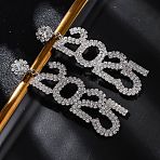 Brass Rhinestone Stud Earrings, Number 2025, Platinum, 71x21.5mm(EJEW-Q012-01P)
