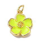 Rack Plating Brass Enamel Charms, Lead Free & Cadmium Free, with Jump RIng, Real 18K Gold Plated, Long-Lasting Plated, Flower Charm, Green Yellow, 15x13x3.5mm(KK-O142-56G-03)