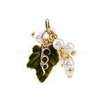 Brass Enamel Pendants, with Plastic Pearl, Leaf with Grape Charms, Golden, 18mm, Hole: 3.5mm(KK-H274-03G)