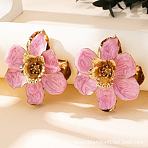 Alloy & Enamel Stud Earrings, Flower, Golden, Pink, 65x57mm(FS-WG16B62-02)